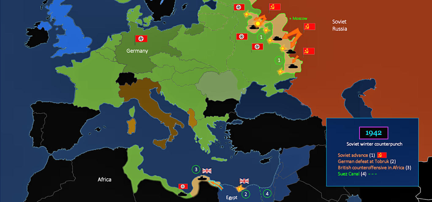 Moscow holds, Rommel defeated, 1942 map
